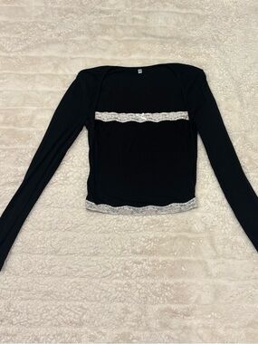 Black Long Sleeve Lace Trim Crop Top - Size Small - Y2K / Coquette Aesthetic